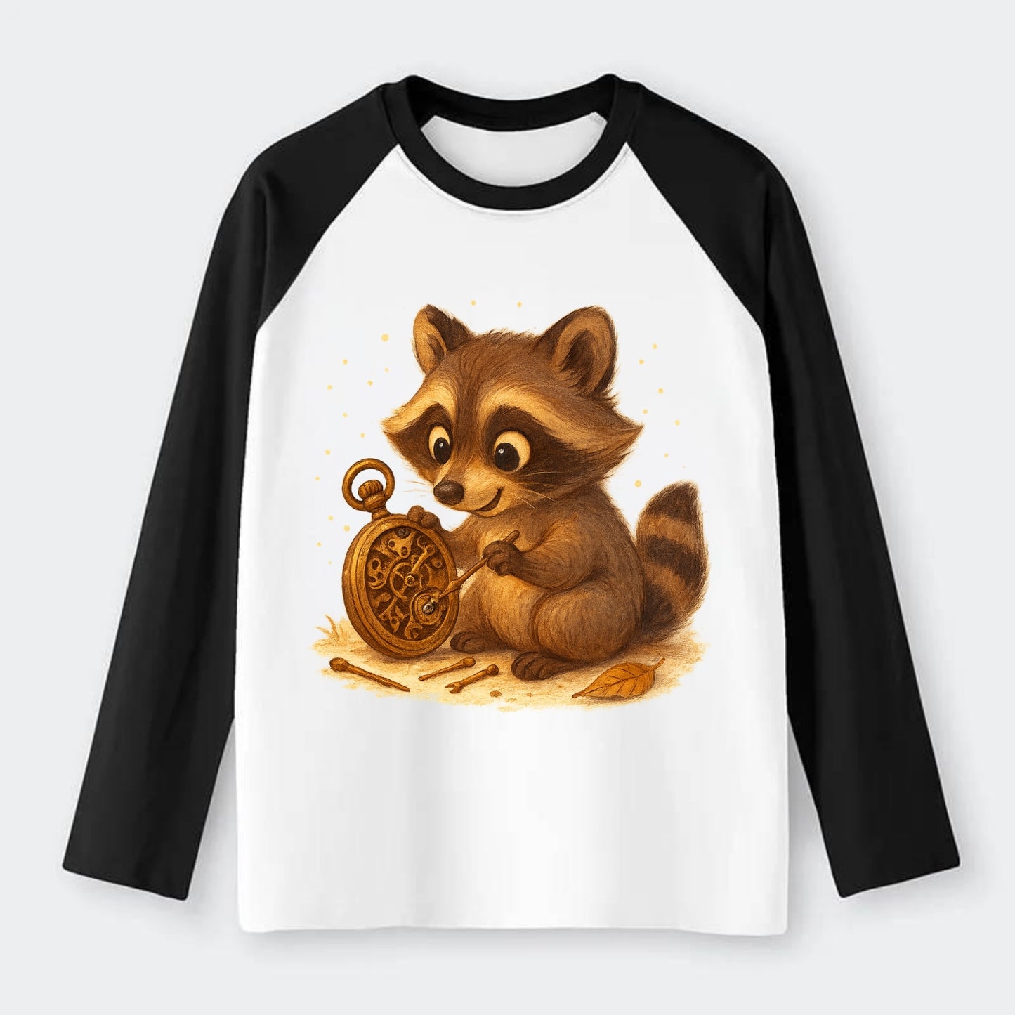 Raccoon tinkering with a steampunk pocket watch using tiny brass tools - Raglan Long Sleeve T-Shirt - Black