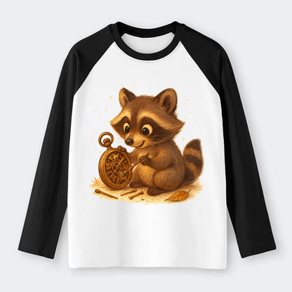 Raccoon tinkering with a steampunk pocket watch using tiny brass tools - Raglan Long Sleeve T-Shirt - Black