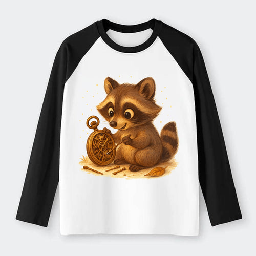Raccoon tinkering with a steampunk pocket watch using tiny brass tools - Raglan Long Sleeve T-Shirt