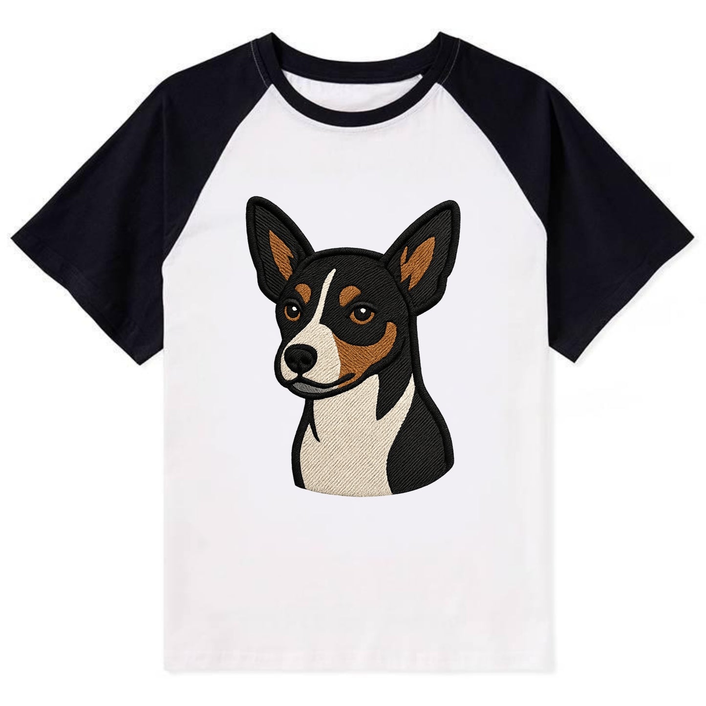 Rat Terrier - Tri-color embroidered pose - Contrast Raglan T-shirt - Black