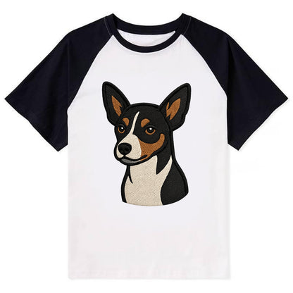 Rat Terrier - Tri-color embroidered pose - Contrast Raglan T-shirt - Black