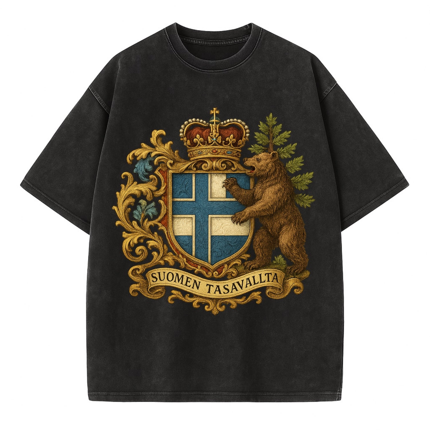 Finland Brown Bear Emblem  - Vintage T-shirt - Black
