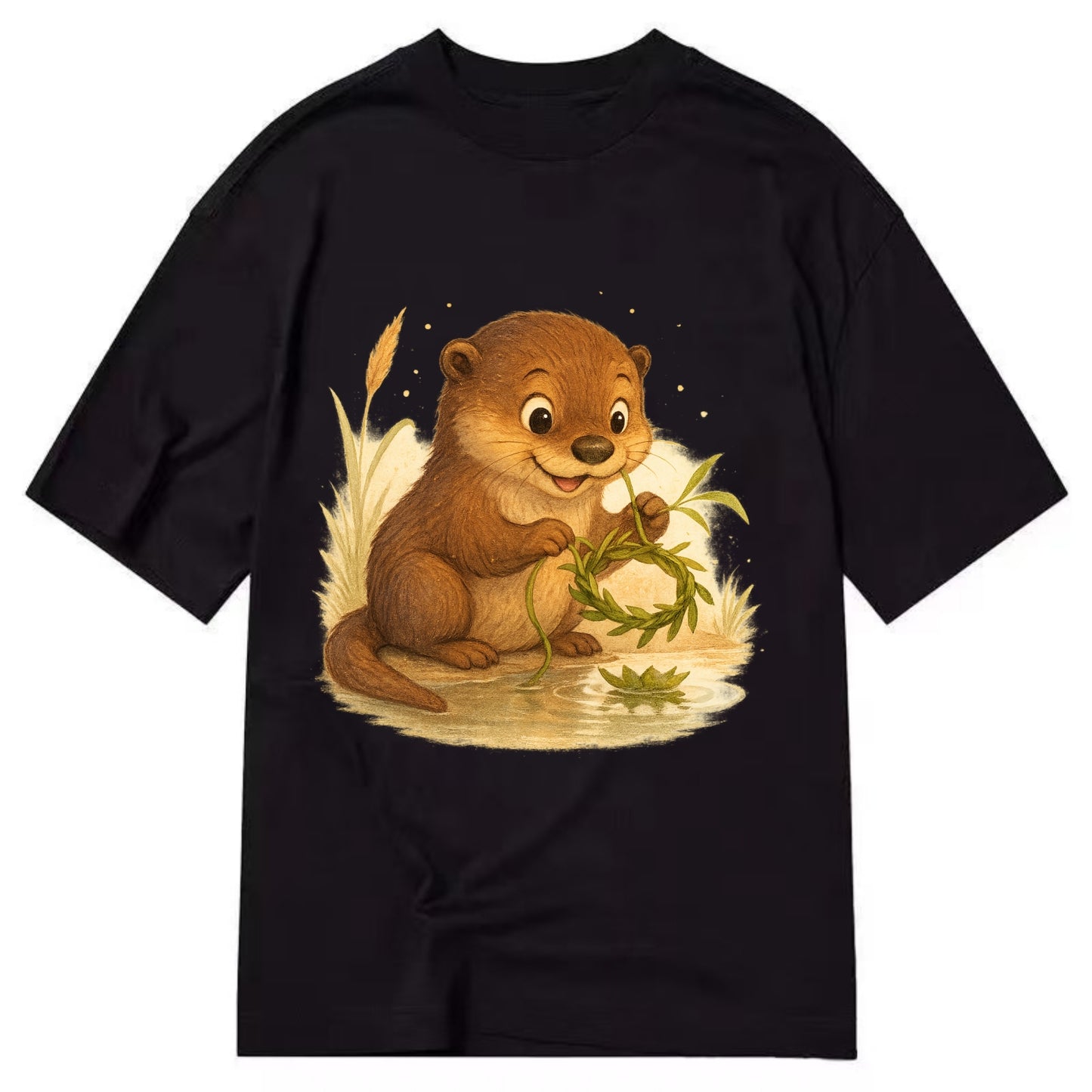 Otter weaving river reeds into a floating crown beside mirror-still water - Classic T-shirt - Black