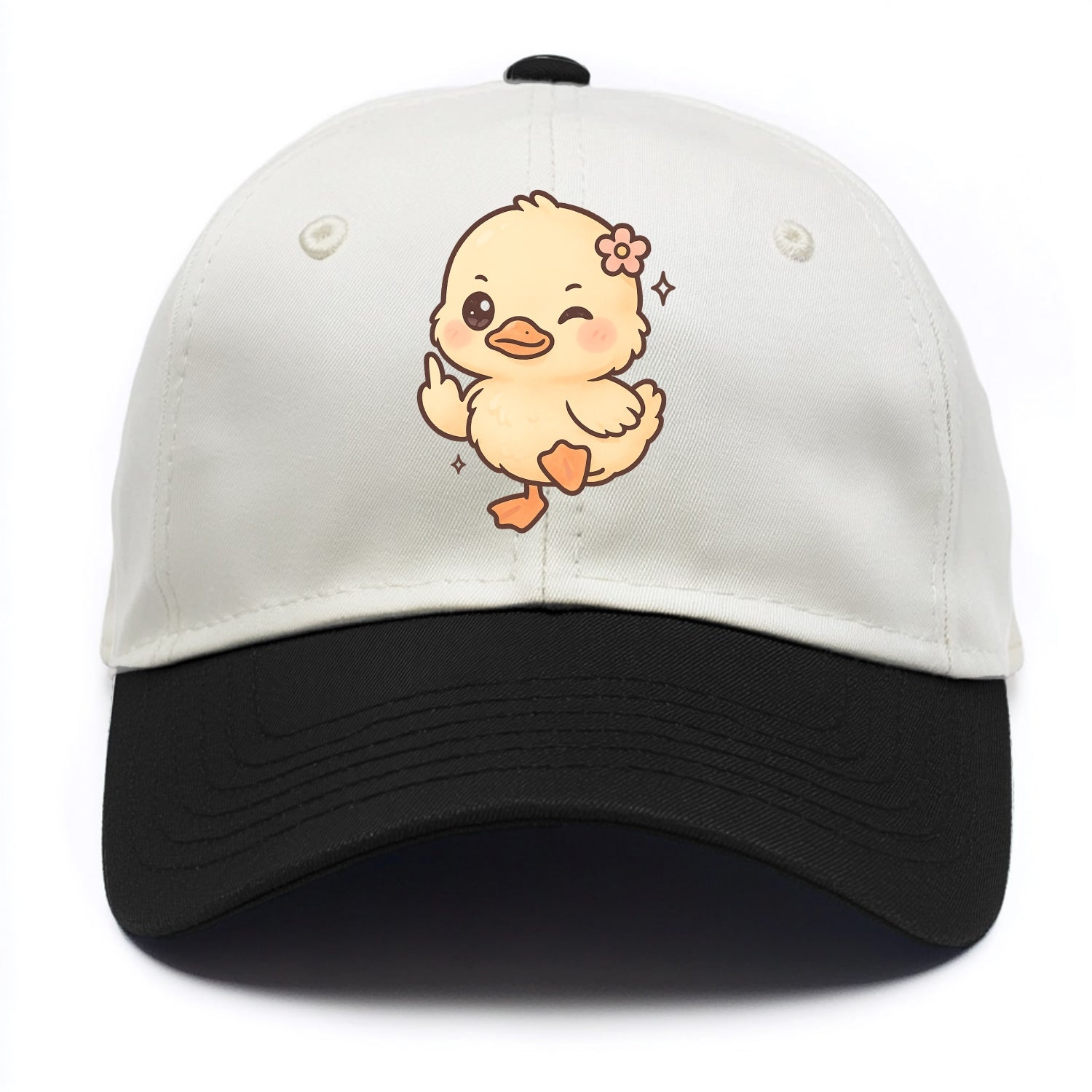 fluffy baby duck with small flower, one webbed foot raised sassily - Two Tone Cap - Black