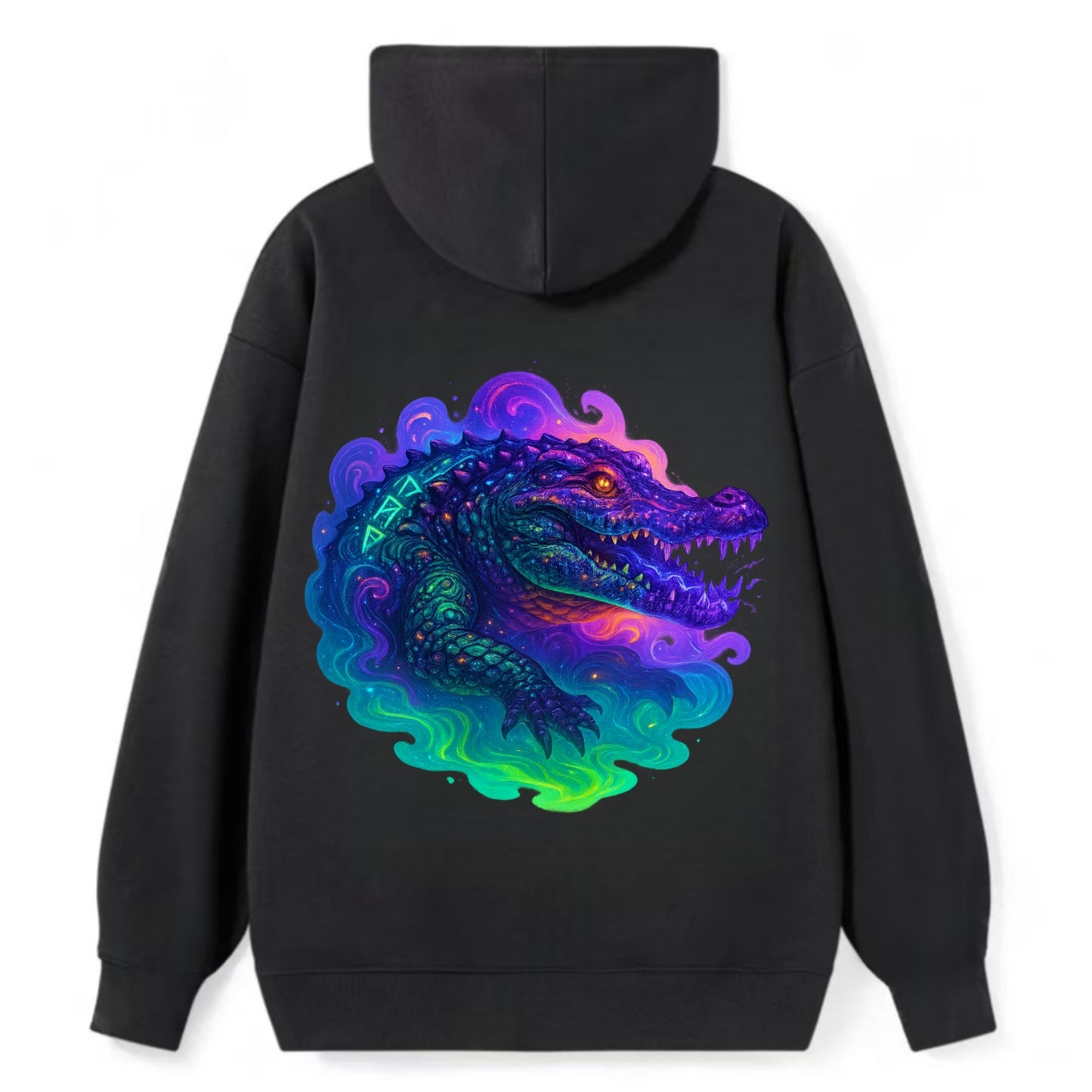 Primordial crocodile with scales pulsing plasma energy in green and - Classic Pullover Hoodie - Black
