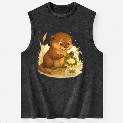 Otter weaving river reeds into a floating crown beside mirror-still water - Vintage Washed Tank - Black