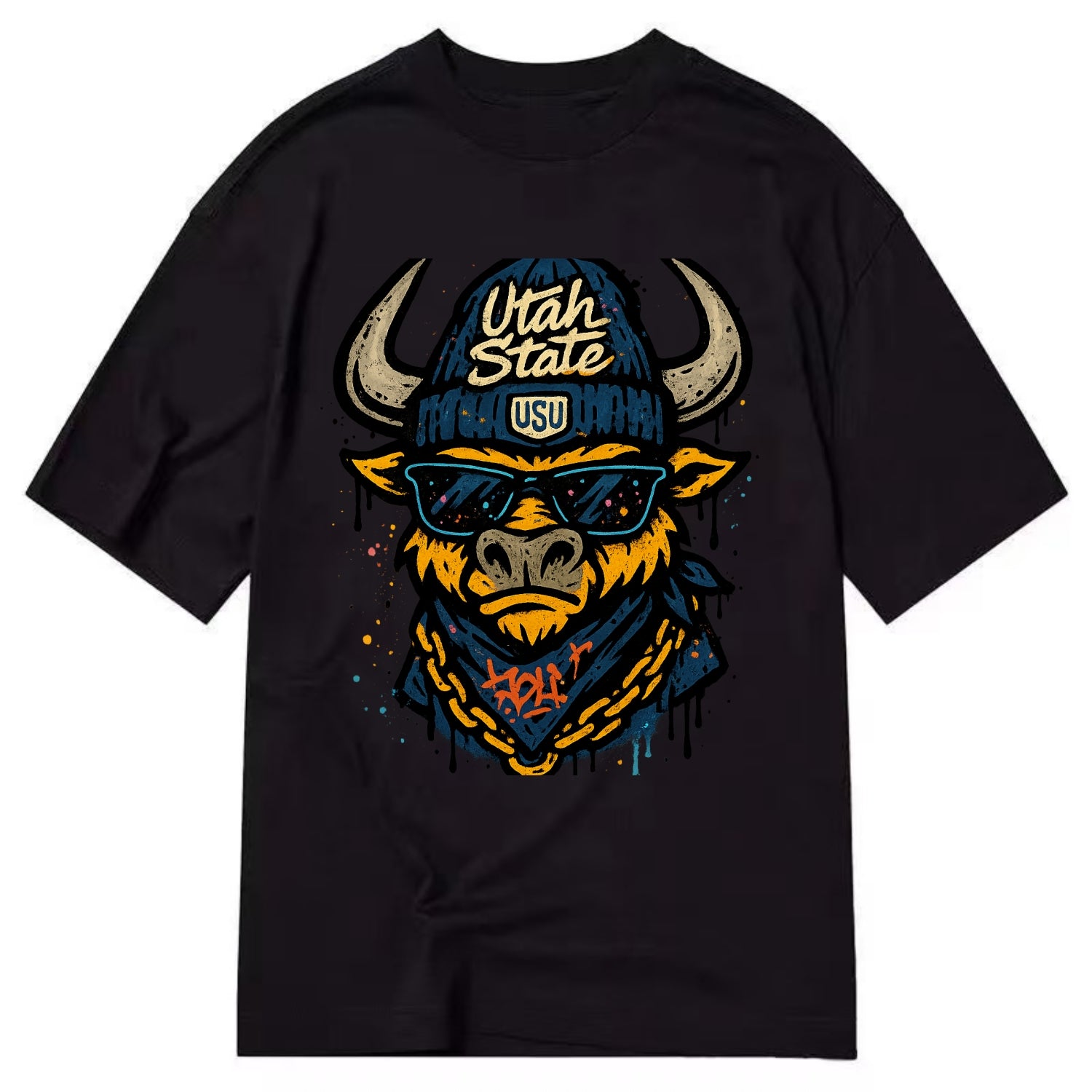 Logan Aggie wearing Utah State beanie with USU patch - Classic T-shirt - Black