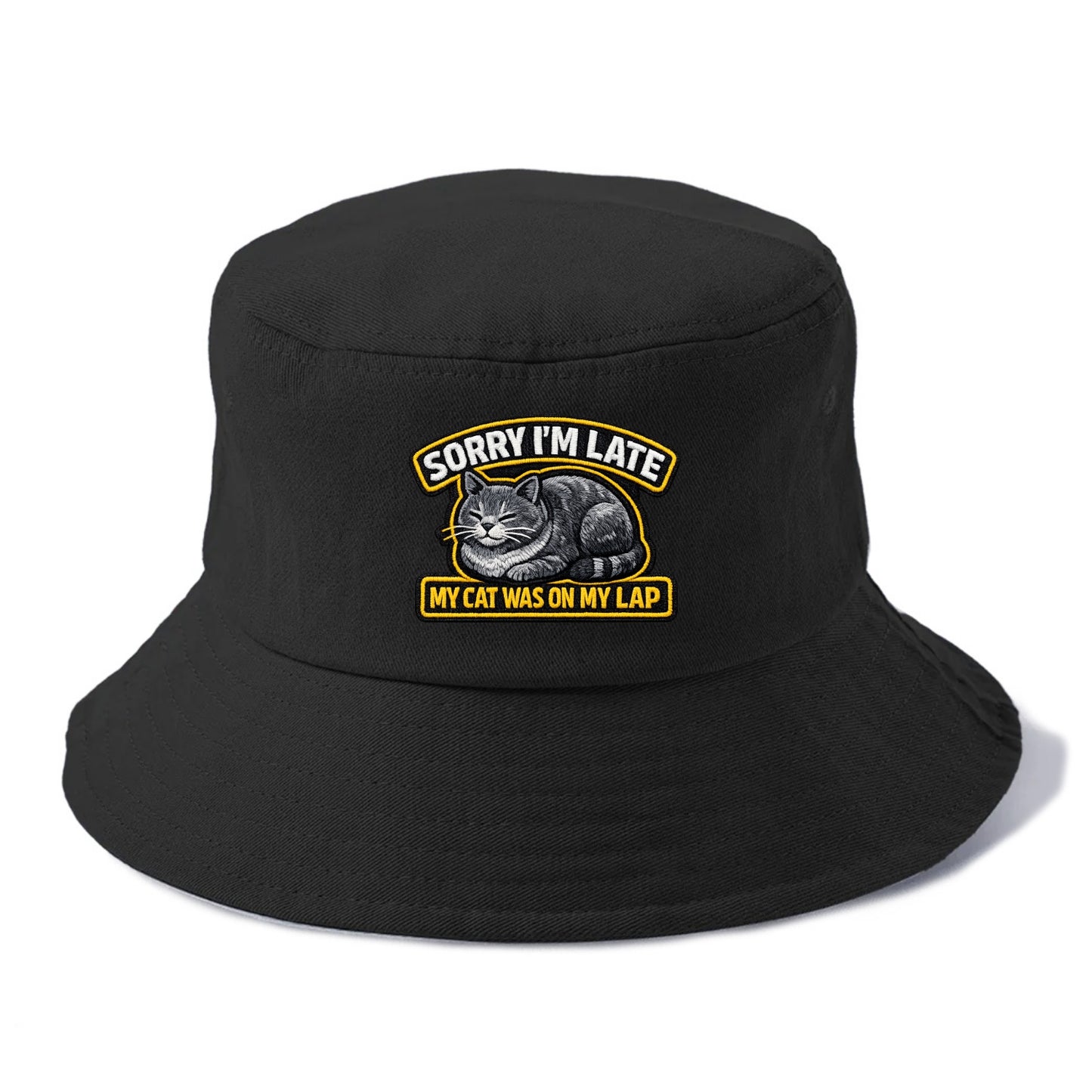 SORRY IM LATE MY CAT WAS ON MY LAP - cat loaf in gray , valid excuse - Bucket Hat - Black