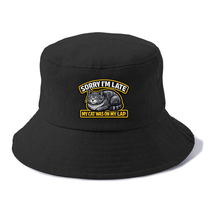 SORRY IM LATE MY CAT WAS ON MY LAP - cat loaf in gray , valid excuse - Bucket Hat - Black
