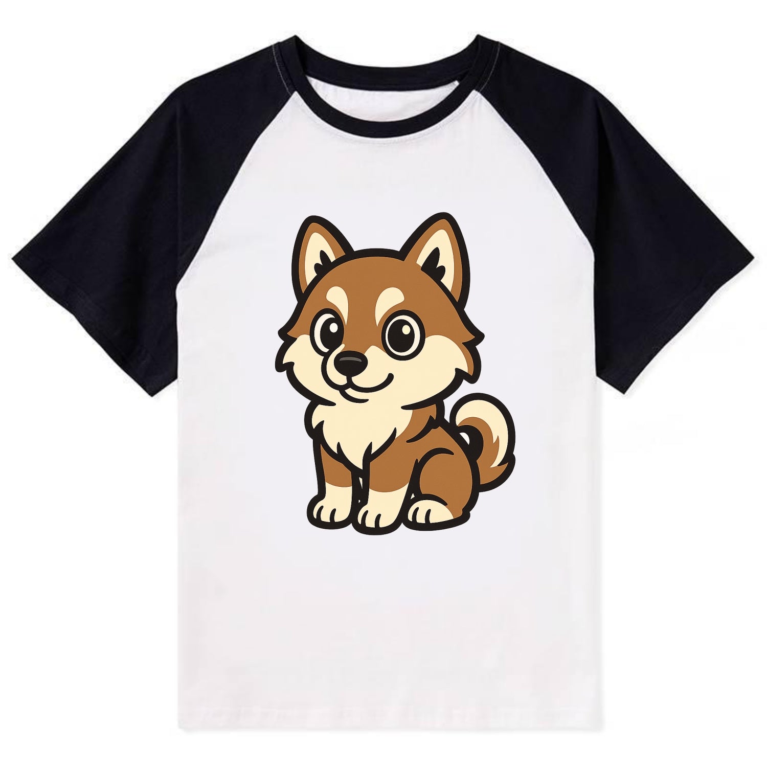 Pomsky - Pomeranian-Husky mix sitting pose - Contrast Raglan T-shirt - Black