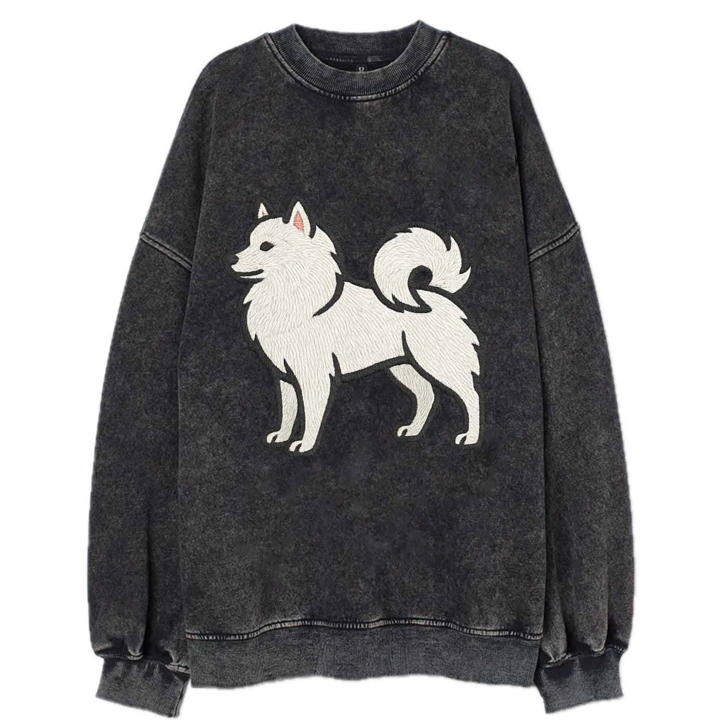 American Eskimo Dog - White spitz embroidered standing design - Vintage Sweatshirt - Black