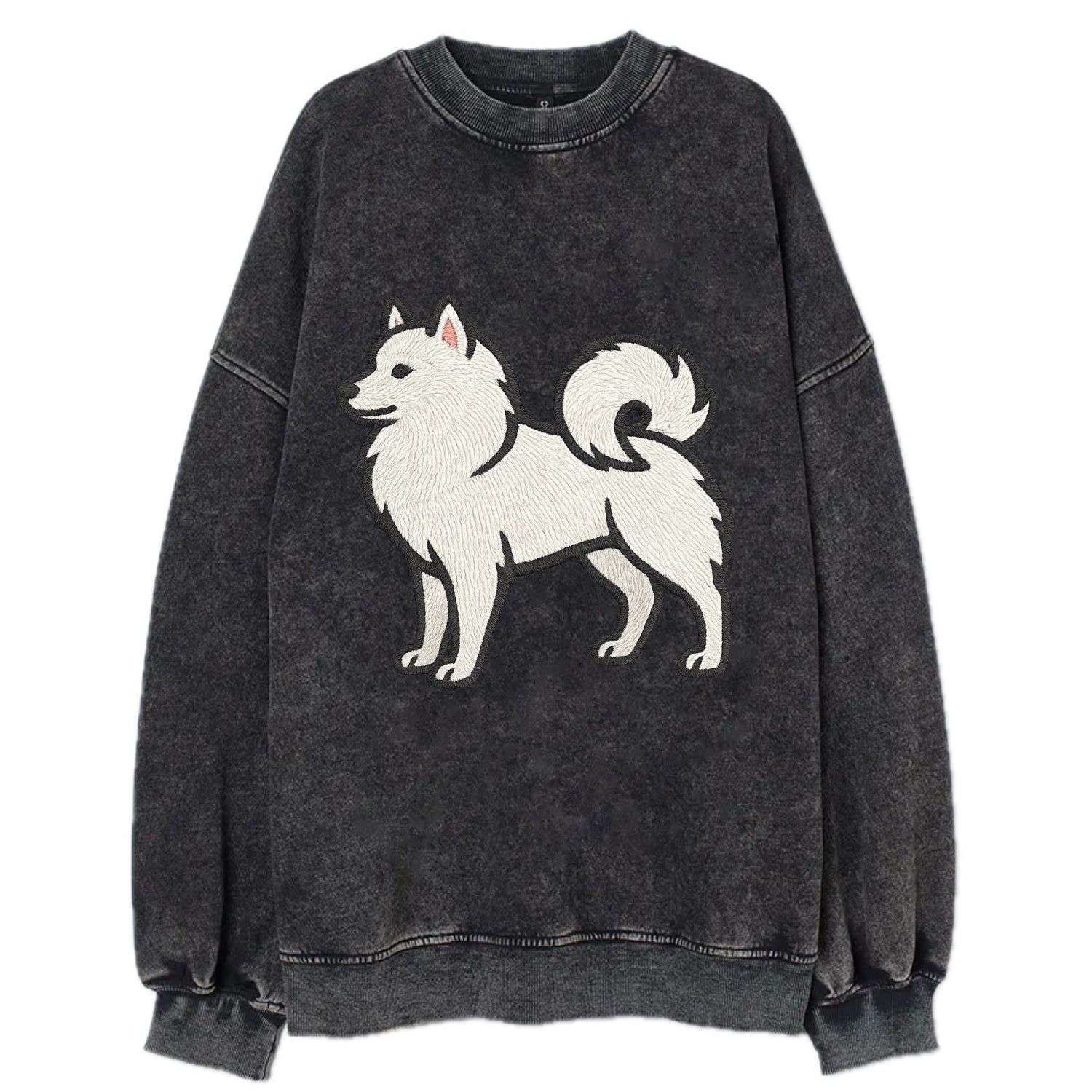American Eskimo Dog - White spitz embroidered standing design - Vintage Sweatshirt - Black