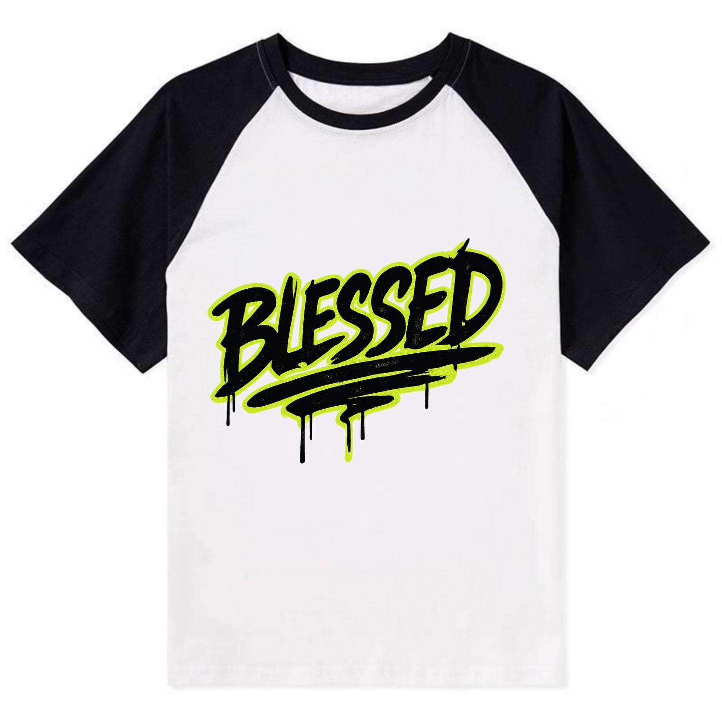 Bold typography design - "BLESSED" - recognizing good fortune, abundance - Contrast Raglan T-shirt - Black