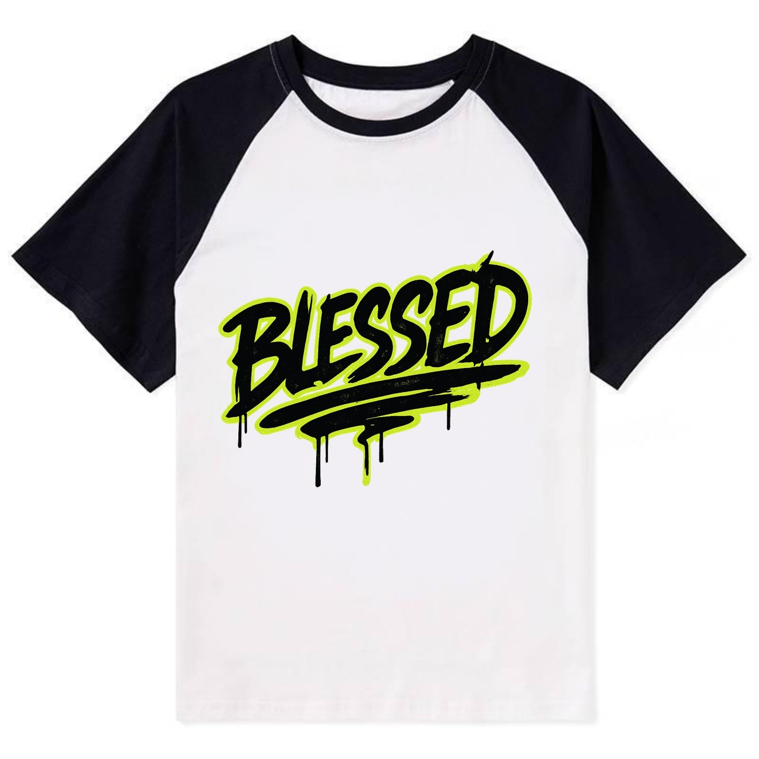 Bold typography design - "BLESSED" - recognizing good fortune, abundance - Contrast Raglan T-shirt - Black