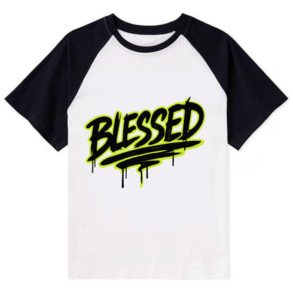 Bold typography design - "BLESSED" - recognizing good fortune, abundance - Contrast Raglan T-shirt - Black