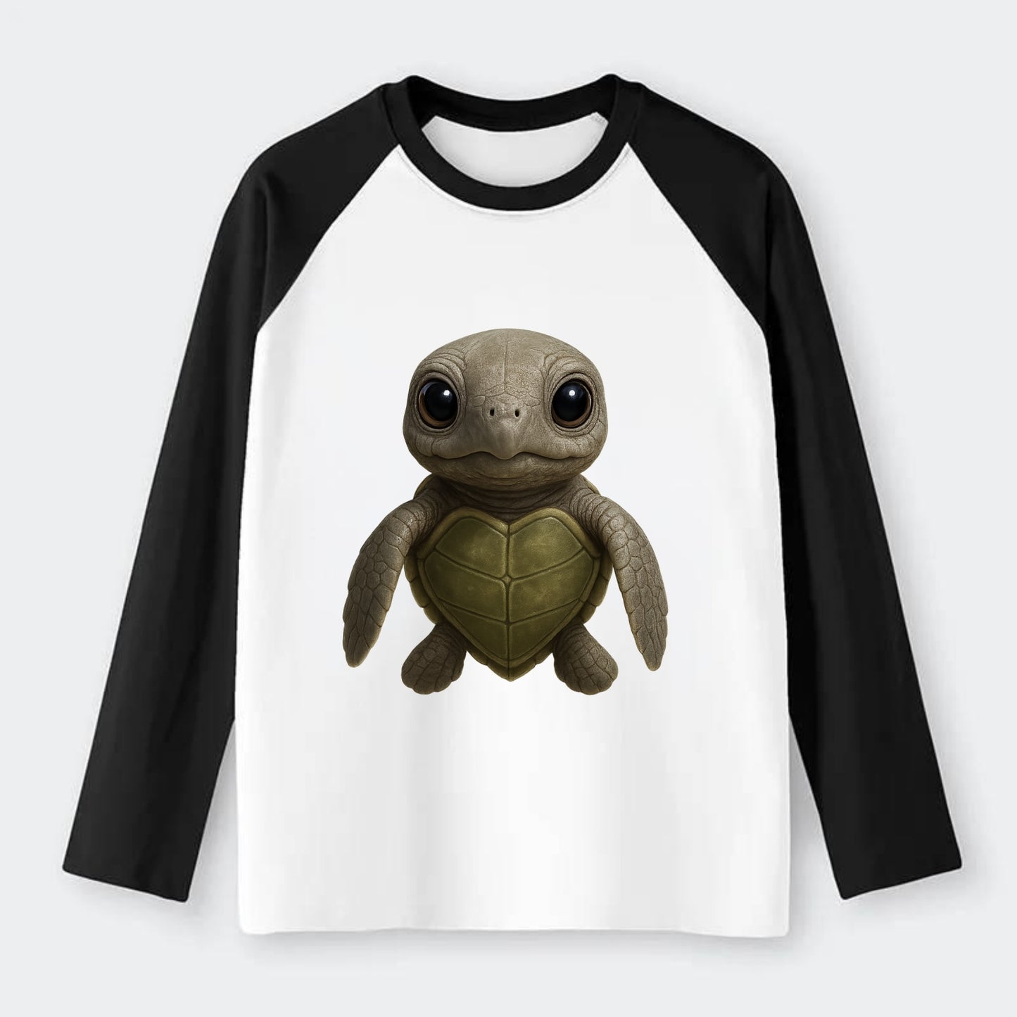 Baby Olive Ridley Turtle - olive green shell, heart-shaped carapace, - Raglan Long Sleeve T-Shirt - Black
