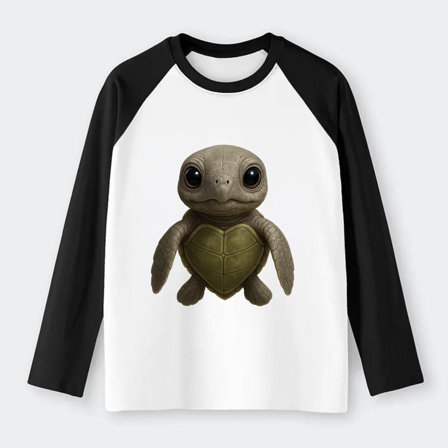 Baby Olive Ridley Turtle - olive green shell, heart-shaped carapace, - Raglan Long Sleeve T-Shirt - Black