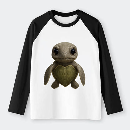 Baby Olive Ridley Turtle - olive green shell, heart-shaped carapace, - Raglan Long Sleeve T-Shirt - Black