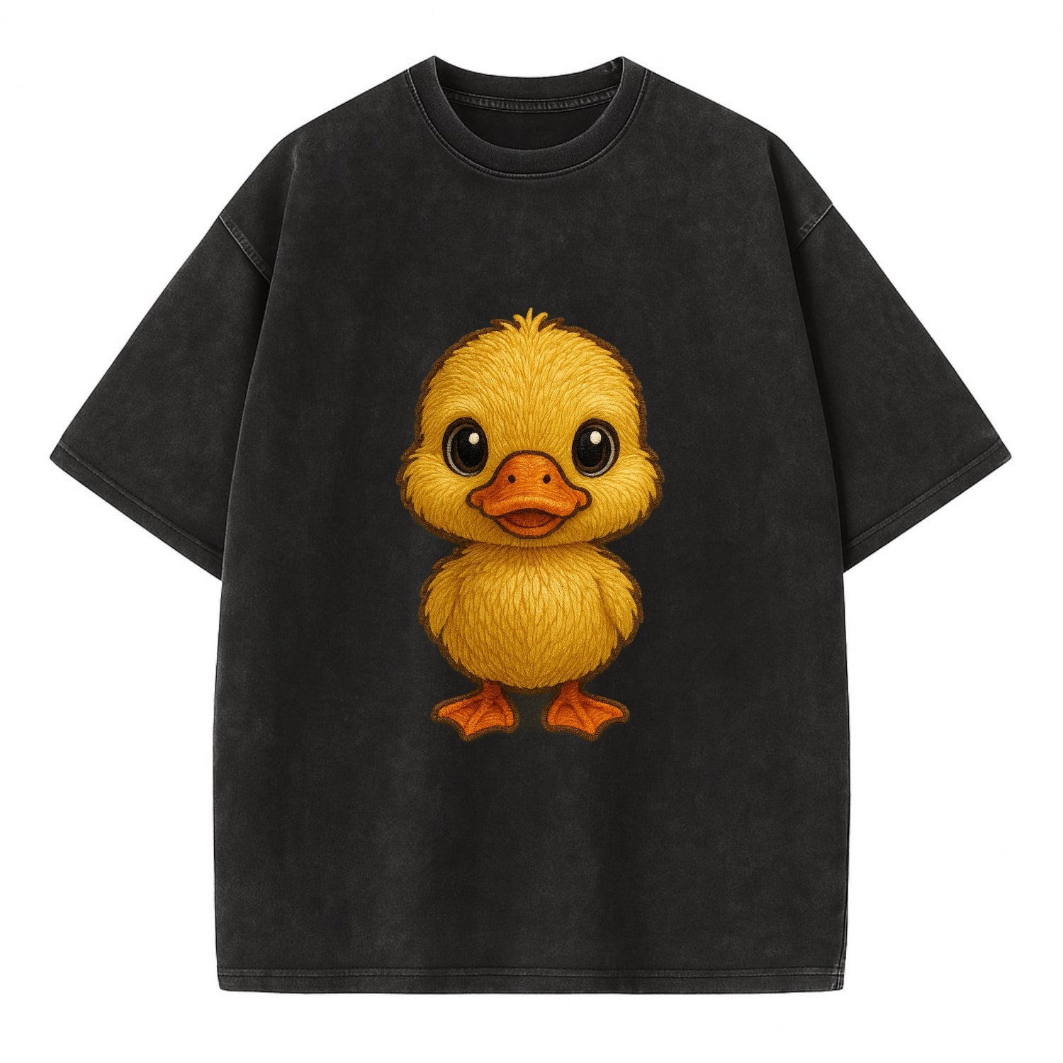 Baby Duck Duckling - yellow fluffy, orange beak, bright eyes, front-facing, quack - Vintage T-shirt - Black
