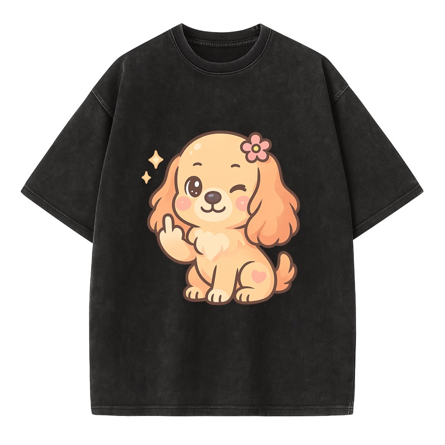 Cocker Spaniel with long wavy ears, gentle face, paw flipping off - Vintage T-shirt - Black