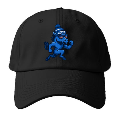 Indianapolis Colt Horse wearing Colts blue and white beanie with pom - Baseball Cap For Big Heads - Black
