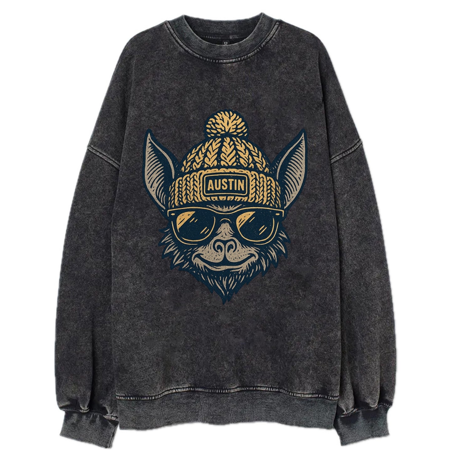 Austin Bat wearing Austin beanie with pom pom and wayfarer sunglasses - Vintage Sweatshirt - Black