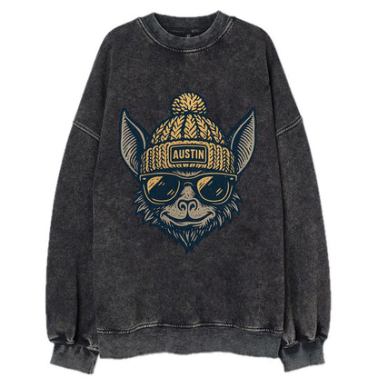 Austin Bat wearing Austin beanie with pom pom and wayfarer sunglasses - Vintage Sweatshirt - Black