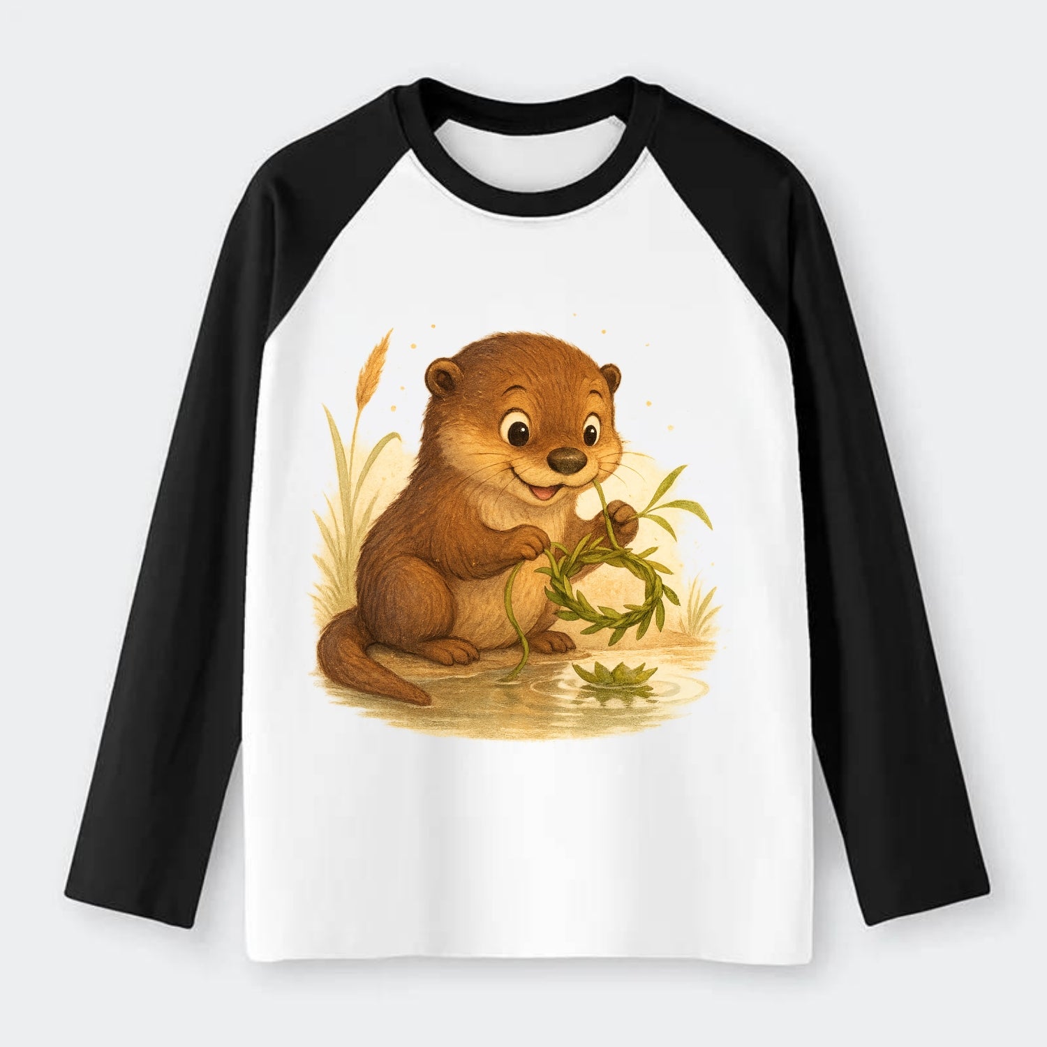 Otter weaving river reeds into a floating crown beside mirror-still - Raglan Long Sleeve T-Shirt - Black