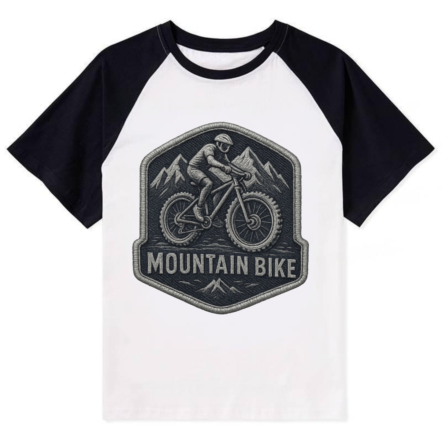 Mountain bike with rugged tires - cyclist badge - Contrast Raglan T-shirt - Black