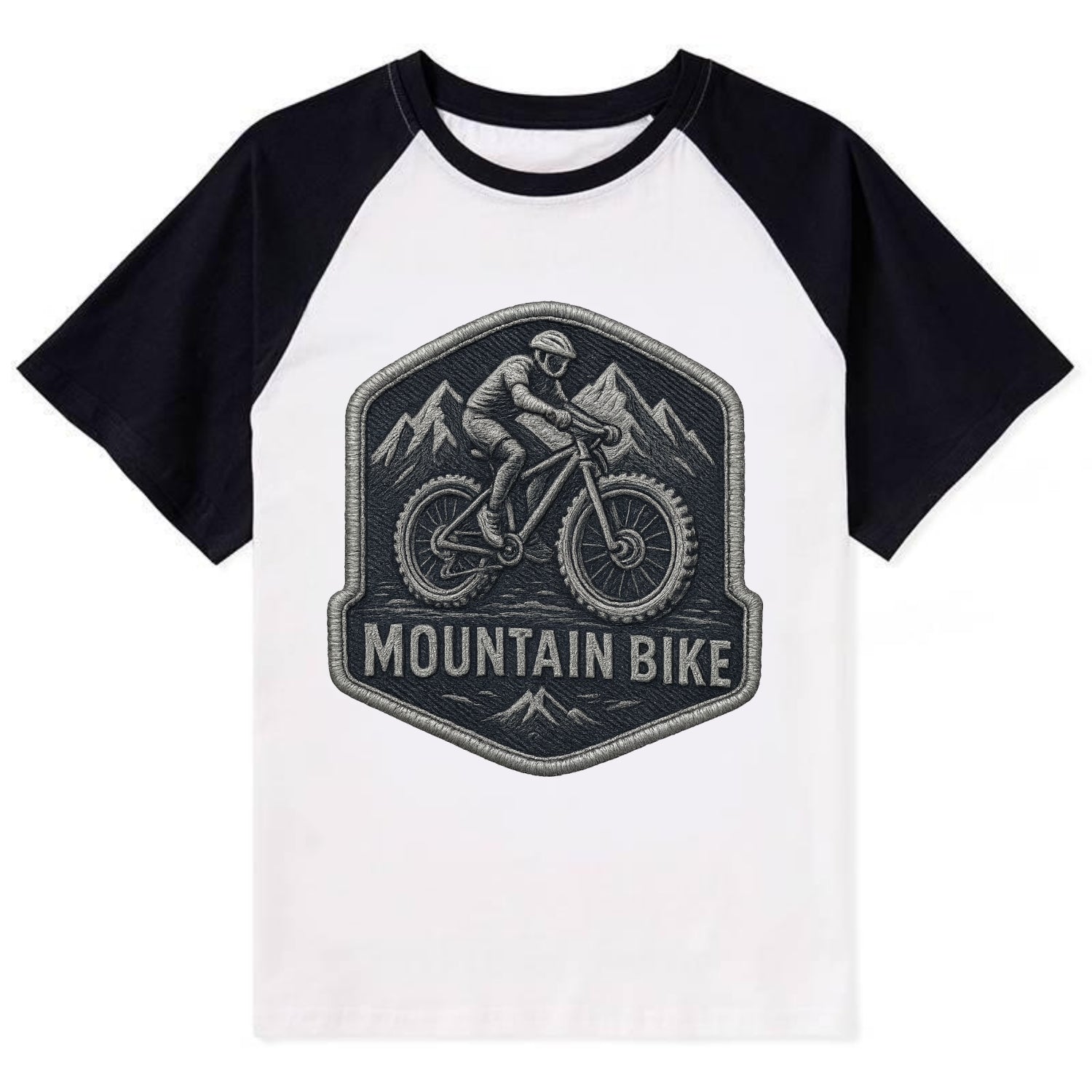 Mountain bike with rugged tires - cyclist badge - Contrast Raglan T-shirt - Black
