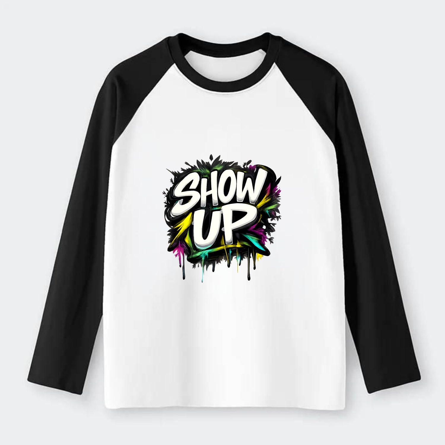 Bold typography design - "SHOW UP" - be present, arrive ready - Raglan Long Sleeve T-Shirt - Black