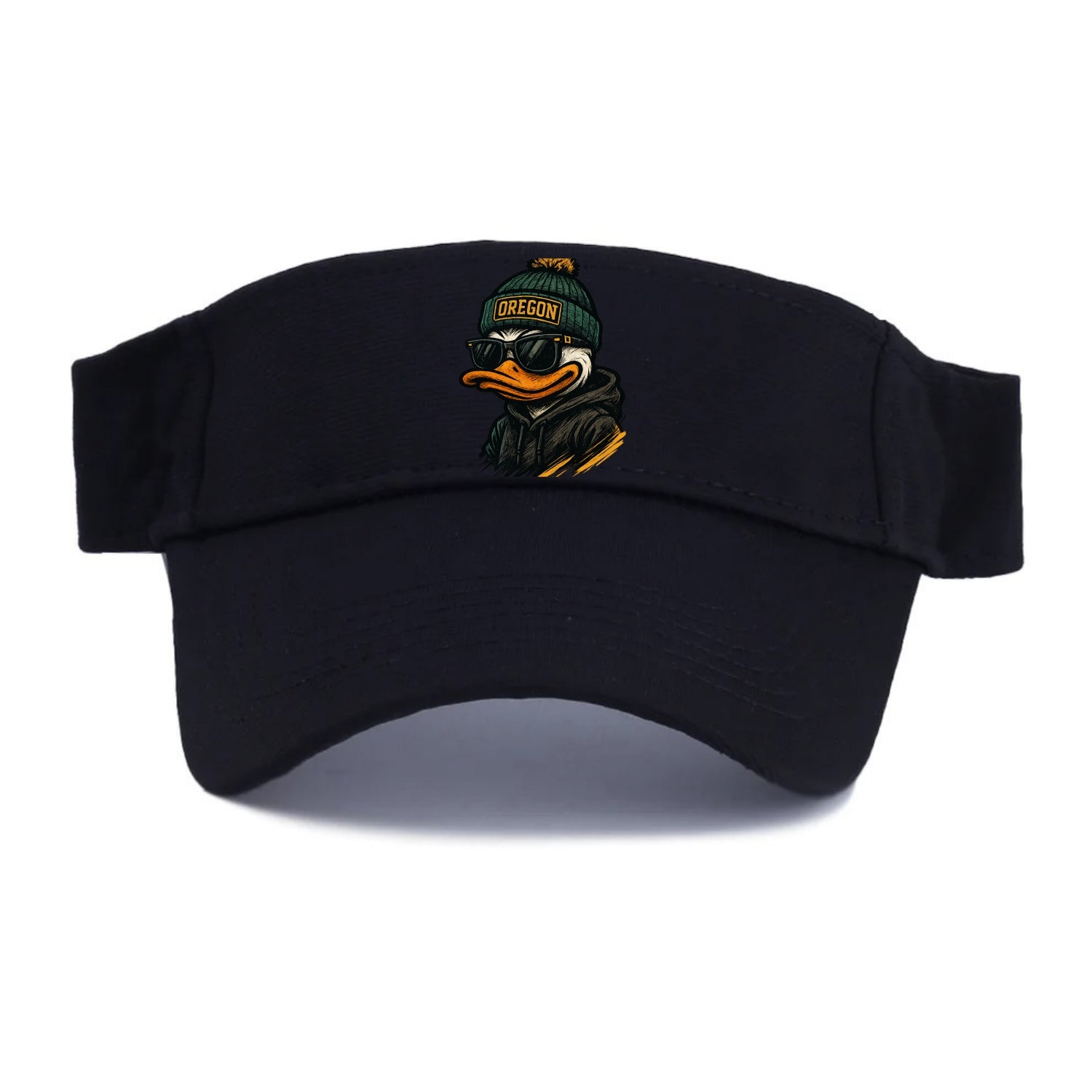 Eugene Duck wearing Oregon beanie with O patch - Visor - Black