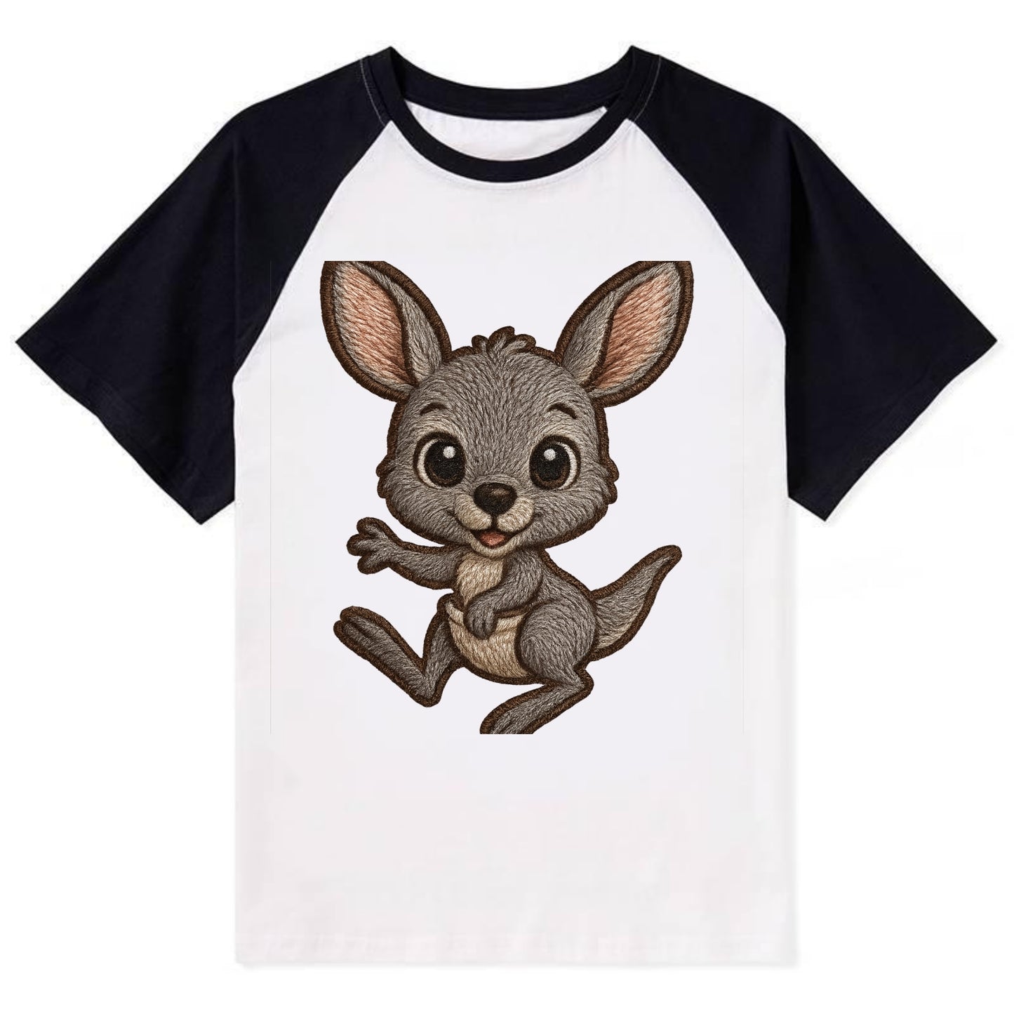 Baby Kangaroo Joey - gray fur, large ears, in pouch peek, bright eyes, - Contrast Raglan T-shirt - Black