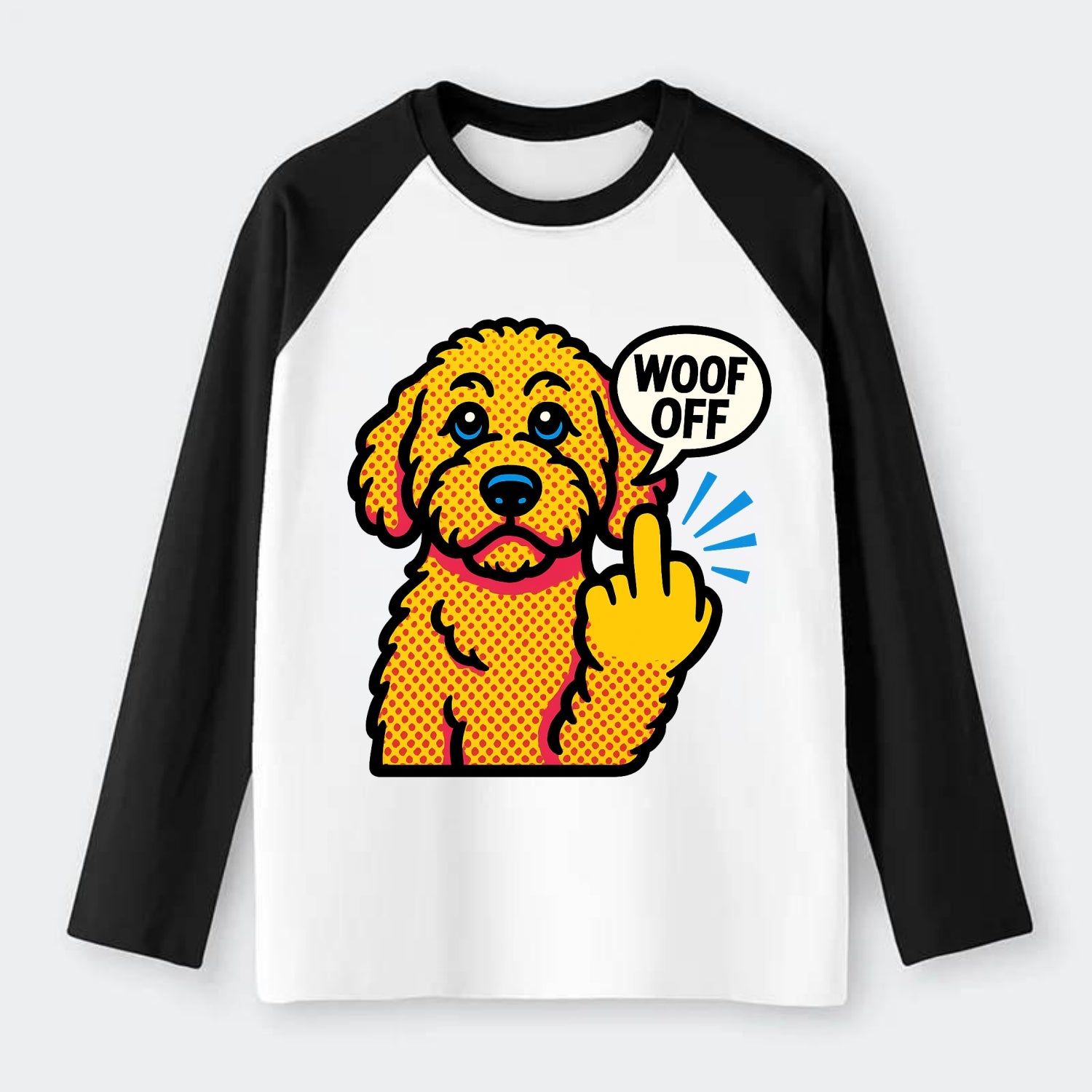 Goldendoodle with teddy bear face and curly golden coat, friendly paw - Raglan Long Sleeve T-Shirt - Black
