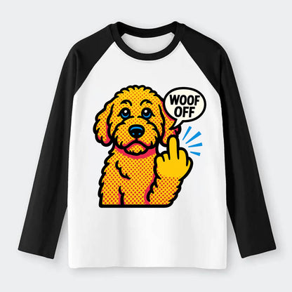 Goldendoodle with teddy bear face and curly golden coat, friendly paw - Raglan Long Sleeve T-Shirt - Black