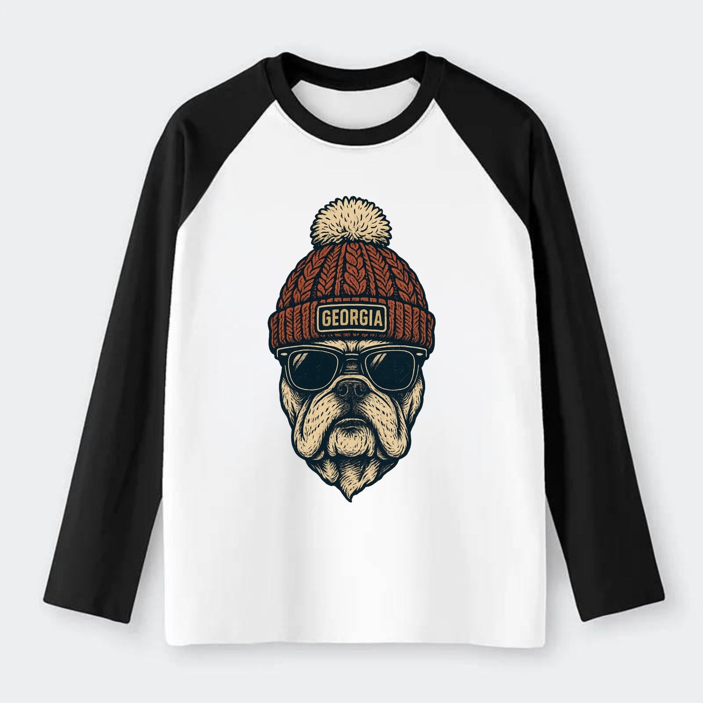 Athens Bulldog wearing Georgia beanie wi - Raglan Long Sleeve T-Shirt - Black