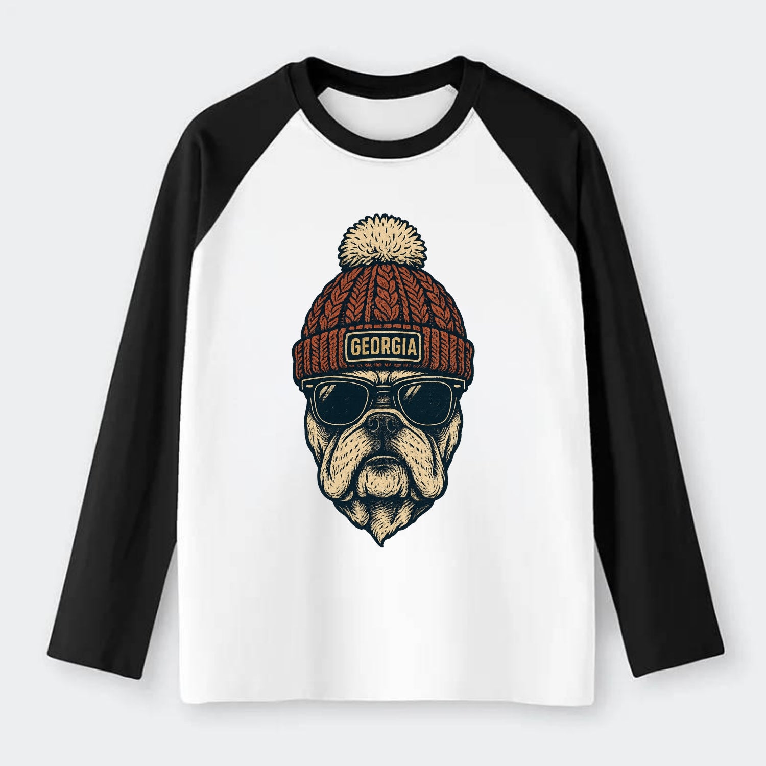 Athens Bulldog wearing Georgia beanie wi - Raglan Long Sleeve T-Shirt - Black