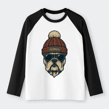 Athens Bulldog wearing Georgia beanie wi - Raglan Long Sleeve T-Shirt - Black