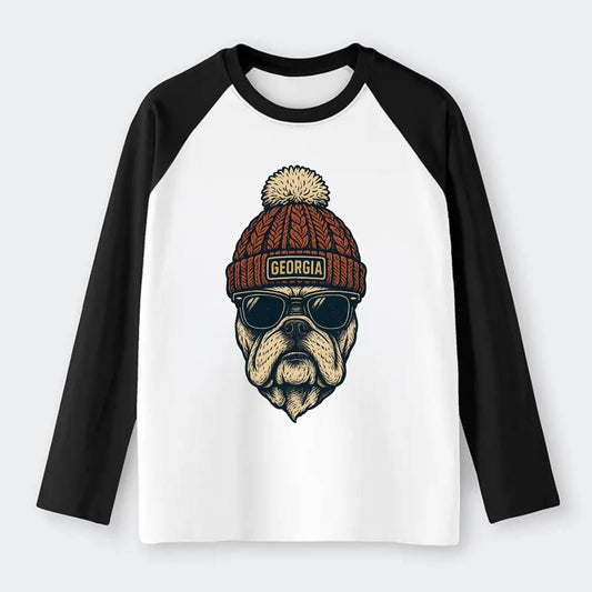 Athens Bulldog wearing Georgia beanie wi - Raglan Long Sleeve T-Shirt - Black