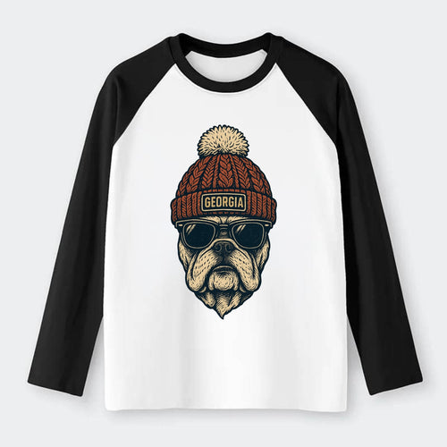Athens Bulldog wearing Georgia beanie wi - Raglan Long Sleeve T-Shirt