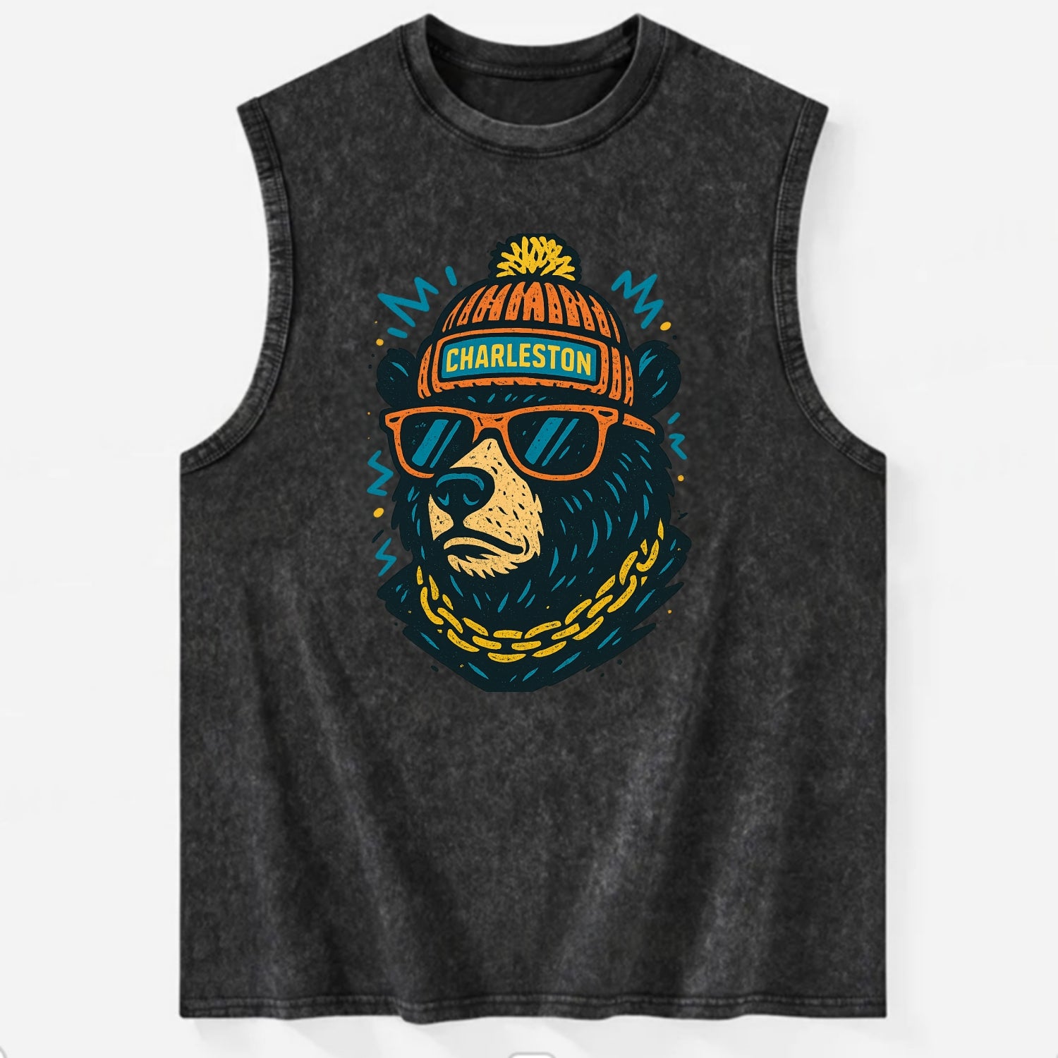 West Virginia Black Bear wearing Charleston beanie with pom pom and wayfarer - Vintage Washed Tank - Black