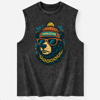 West Virginia Black Bear wearing Charleston beanie with pom pom and wayfarer - Vintage Washed Tank - Black