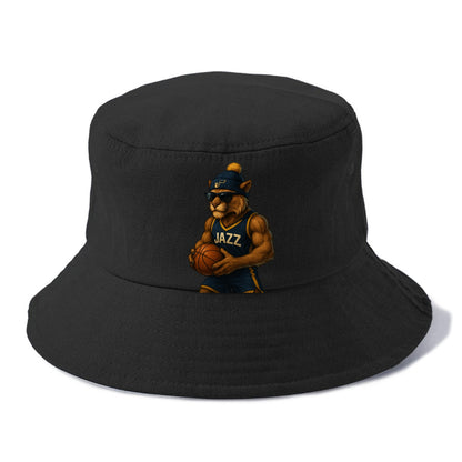 Utah Mountain Lion wearing Jazz navy and yellow beanie with music note and wayfarer - Bucket Hat - Black