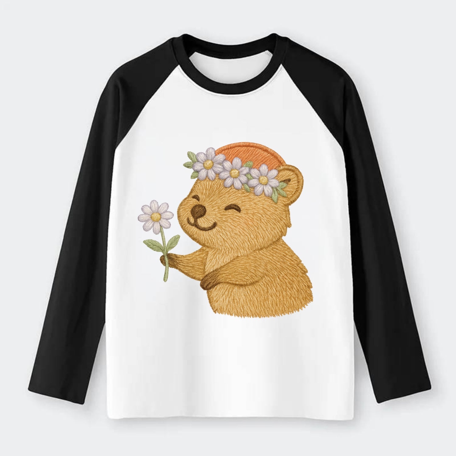 Quokka Daisy Chain - Raglan Long Sleeve T-Shirt - Black