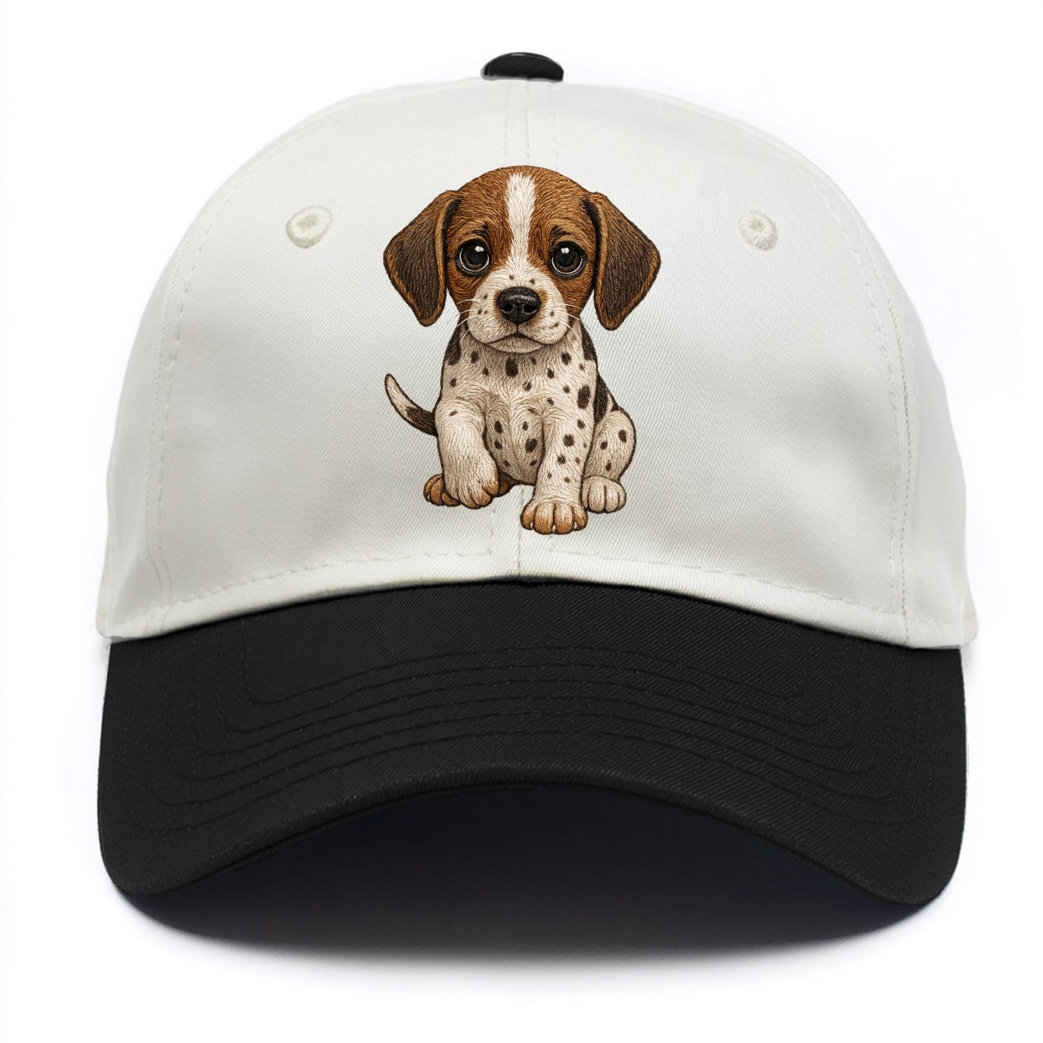 Baby Pointer Puppy - spotted coat, noble stance, alert eyes, front-facing, pointing - Two Tone Cap - Black