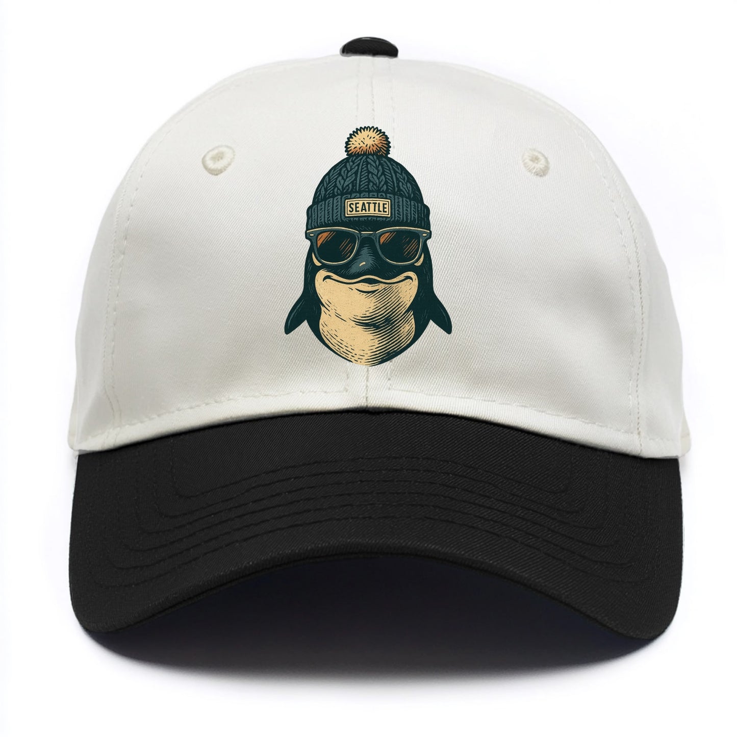 Washington Orca wearing Seattle beanie with pom pom and wayfarer sunglasses - Two Tone Cap - Black