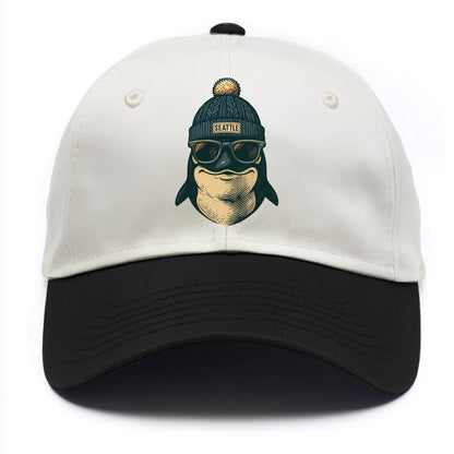 Washington Orca wearing Seattle beanie with pom pom and wayfarer sunglasses - Two Tone Cap - Black