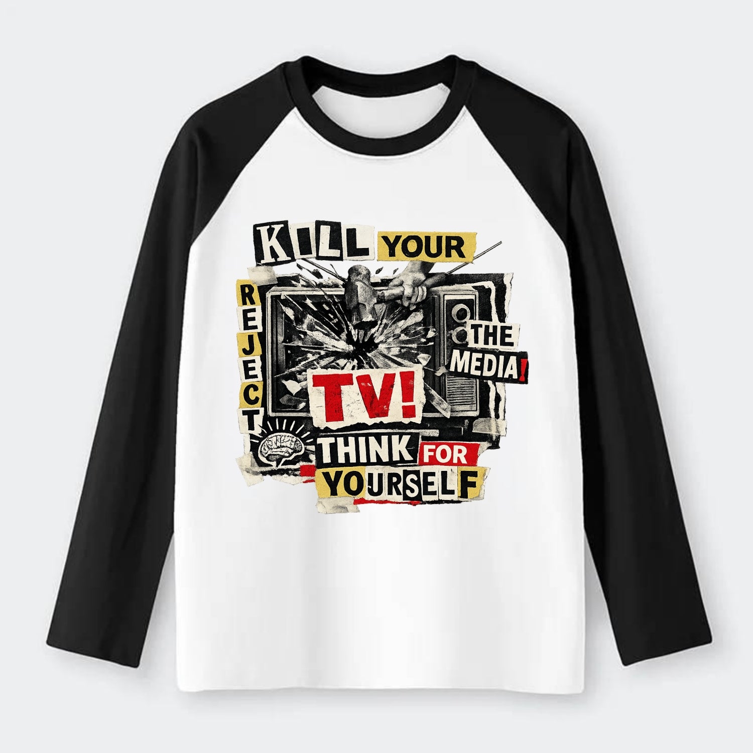 KILL YOUR TV | Smashed television | Reject media | Think for yourself - Raglan Long Sleeve T-Shirt - Black