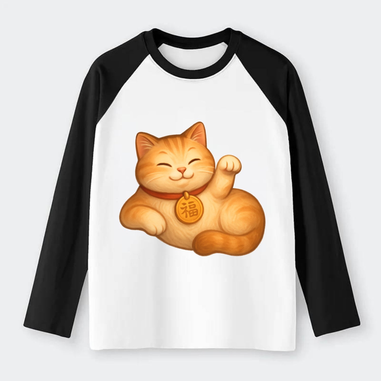 Maneki Neko Pose - Raglan Long Sleeve T-Shirt - Black