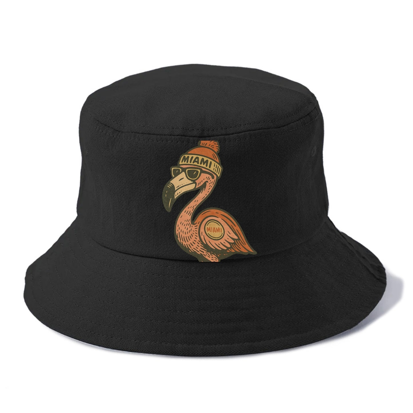 Miami Flamingo wearing Miami beanie with pom pom and wayfarer sunglasses - Bucket Hat - Black